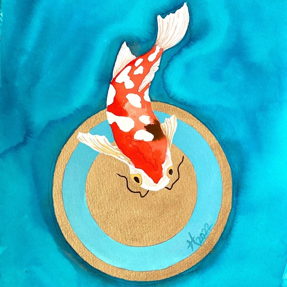 Koi Gold 3 - Original Wall Art Watercolor Gouache Painting 16"x20" Frame Ready